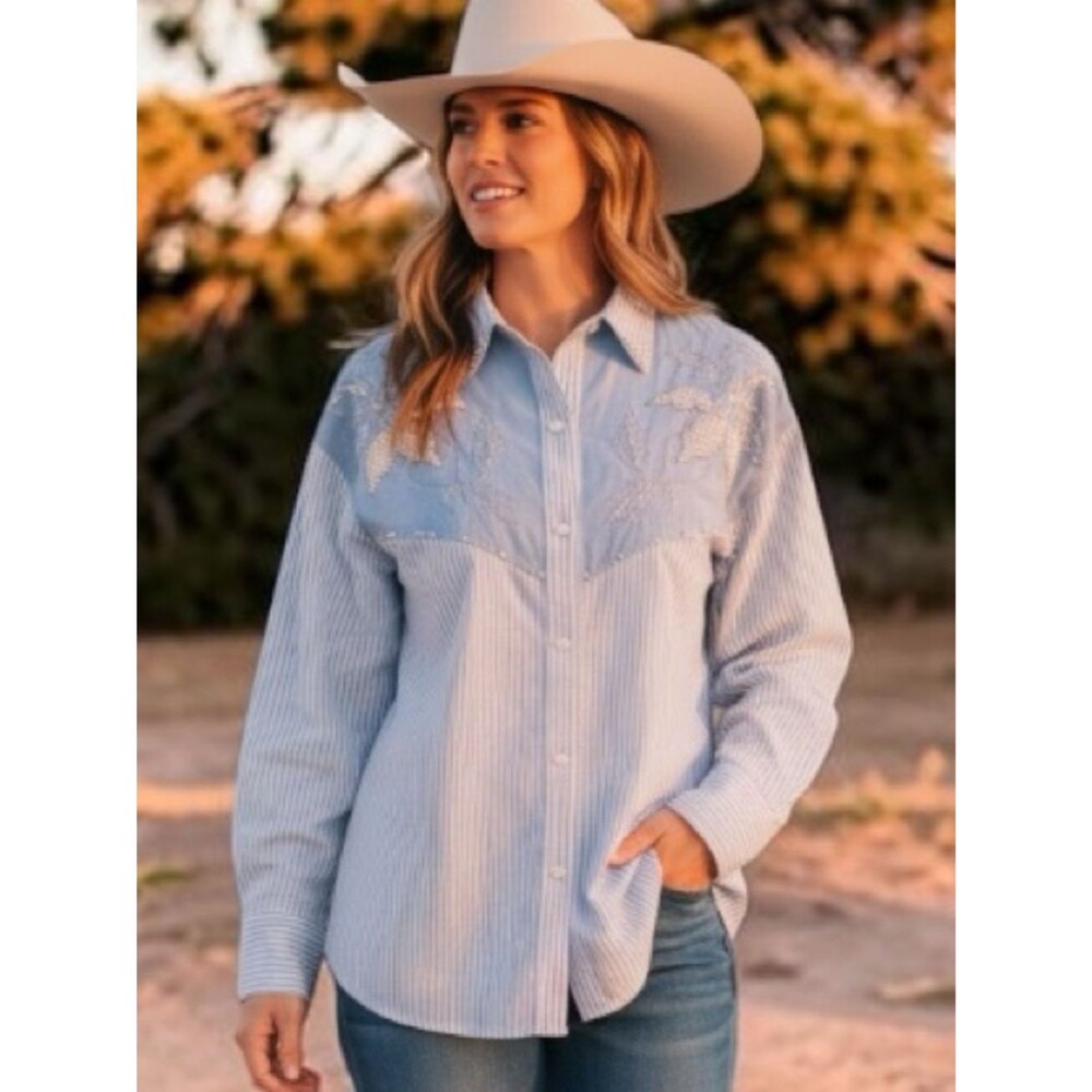 Vintage Jane Ashley Blue & White Striped Embroidered Shirt - pearl beading- 1X - Picture 3 of 12